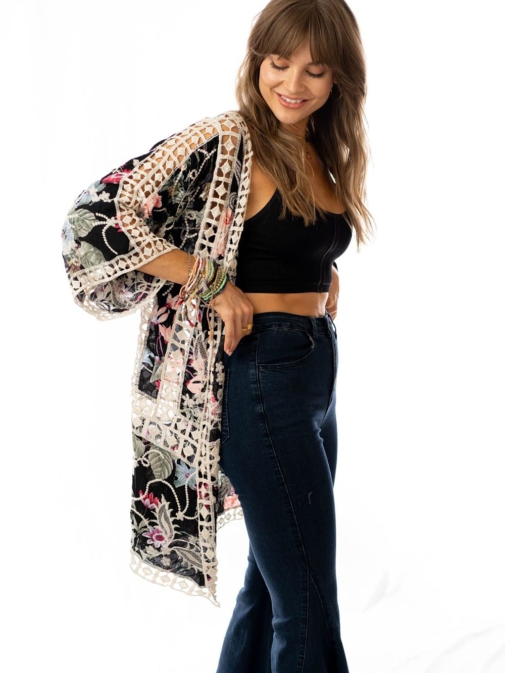 Floral Crochet Lace Kimono - Black with Cream Trim by Three Bird Nest